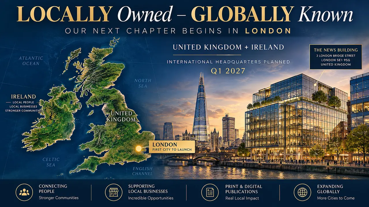 A map of the United Kingdom and Ireland marks London as the first city to launch, beside the London skyline and The News Building, where our international headquarters is planned for Q1 2027.