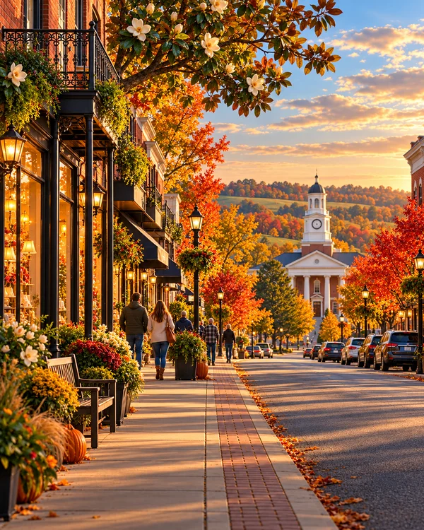 Illustration of a fictional Alabama main street with local shops in golden evening light