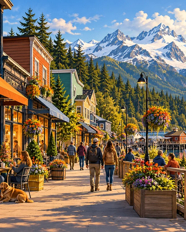 Illustration of a fictional Alaska neighborhood waterfront with local shops and snowy mountains