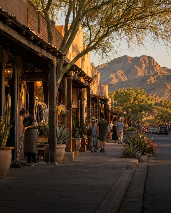 A historic Arizona main street at golden hour with desert mountains beyond