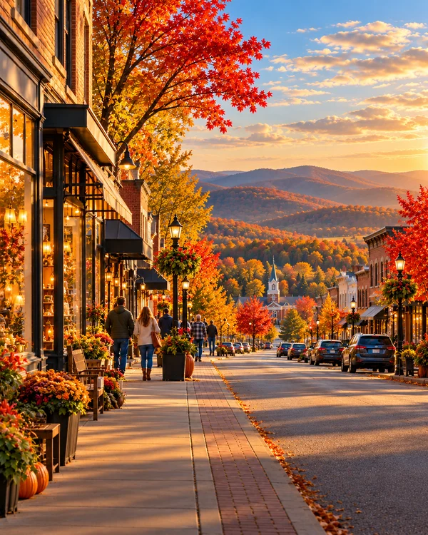 Illustration of a fictional Arkansas main street with local shops in golden evening light