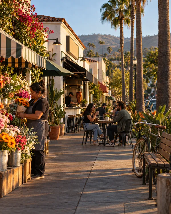 A palm-lined Los Angeles neighborhood main street at golden hour with a florist arranging a bouquet and hills beyond