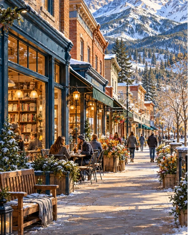 Illustrative Colorado mountain main street with independent shops and snow-covered peaks