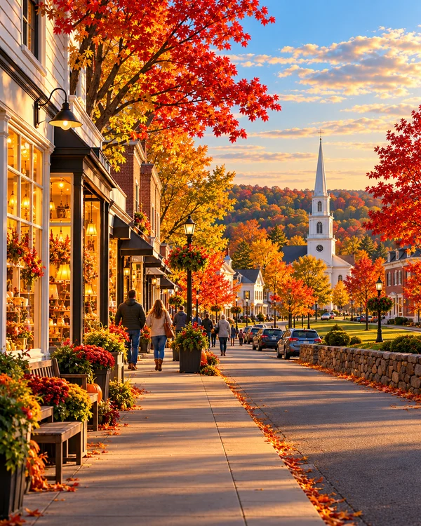 Illustration of a fictional Connecticut main street with local shops in golden evening light