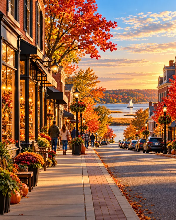 Illustration of a fictional Delaware main street with local shops in golden evening light