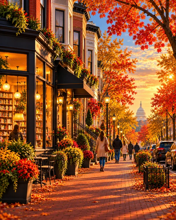 Illustration of a fictional Washington, DC rowhouse street with local shops in golden evening light and a dome in the distance