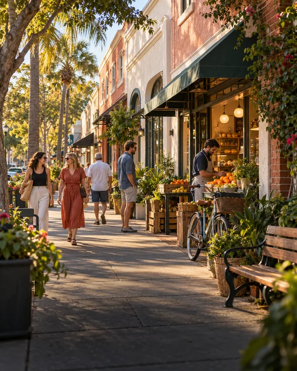 Illustrative palm-shaded Florida neighborhood street with stucco storefronts, neighbors and a citrus stand