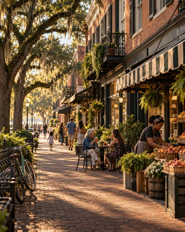 A brick sidewalk under moss-draped oaks in a Georgia historic district at golden hour, with neighbors at a café table and a peach stand