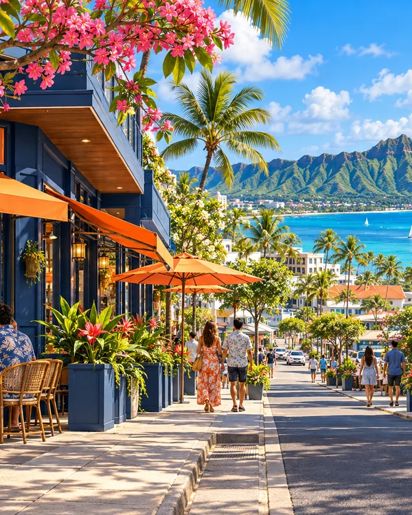 Illustration of a fictional Hawaiian neighborhood with local shops, tropical ridges and ocean views