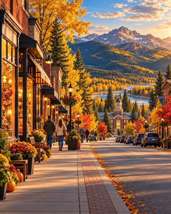 Illustration of a fictional Idaho main street with local shops in golden evening light