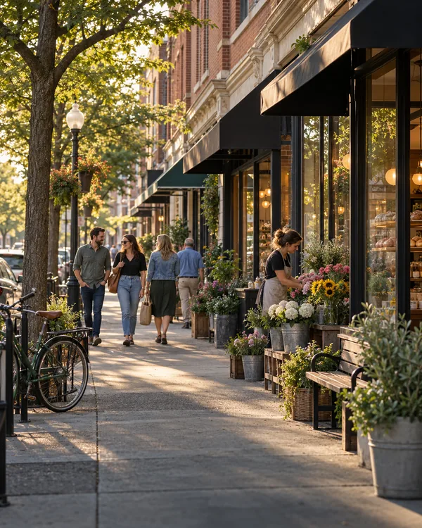 Illustrative tree-lined Illinois neighborhood street with brick storefronts, neighbors and a flower display