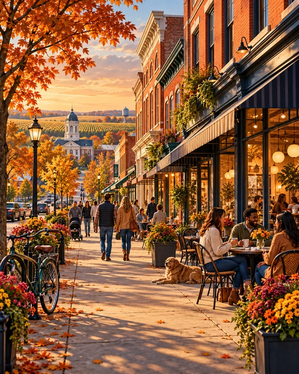 Illustrative Indiana autumn main street with independent shops and neighbors