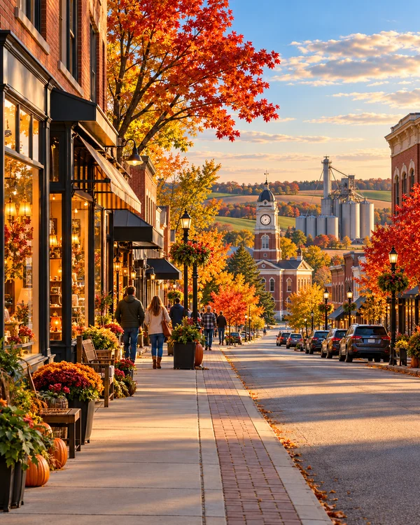 Illustration of a fictional Iowa main street with local shops, a courthouse clock tower and autumn trees