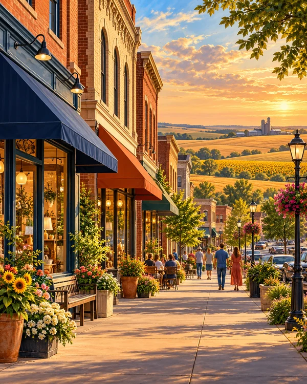 Illustrative Kansas community main street with sunflower fields and golden wheat beyond