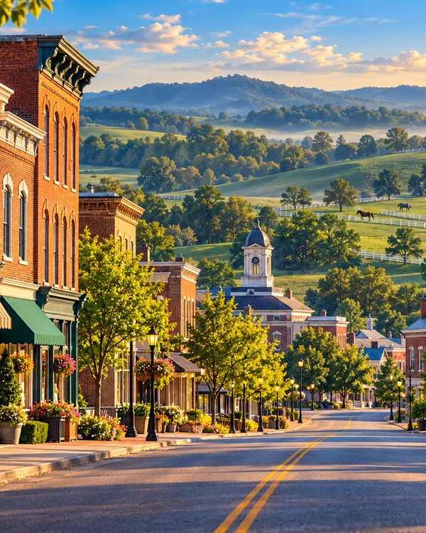Illustration of a fictional Kentucky main street with local shops and bluegrass hills
