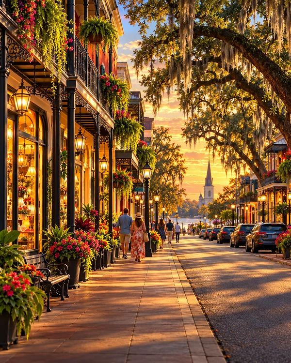 Illustration of a fictional Louisiana main street with local shops in golden evening light