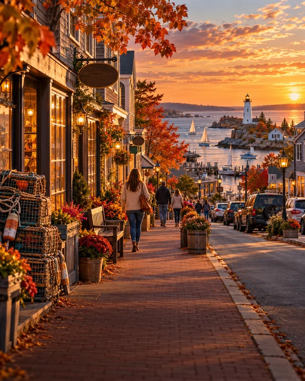 Illustration of a fictional Maine main street with local shops in golden evening light