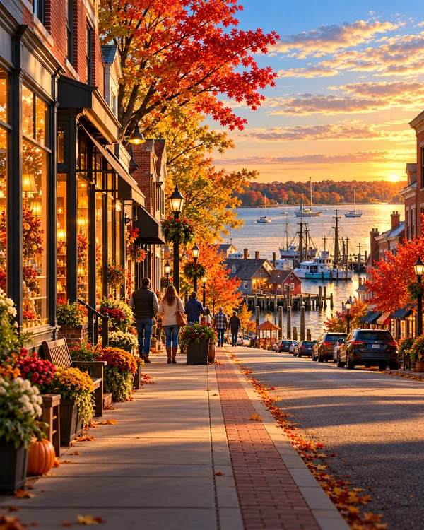 Illustration of a fictional Maryland main street with local shops in golden evening light
