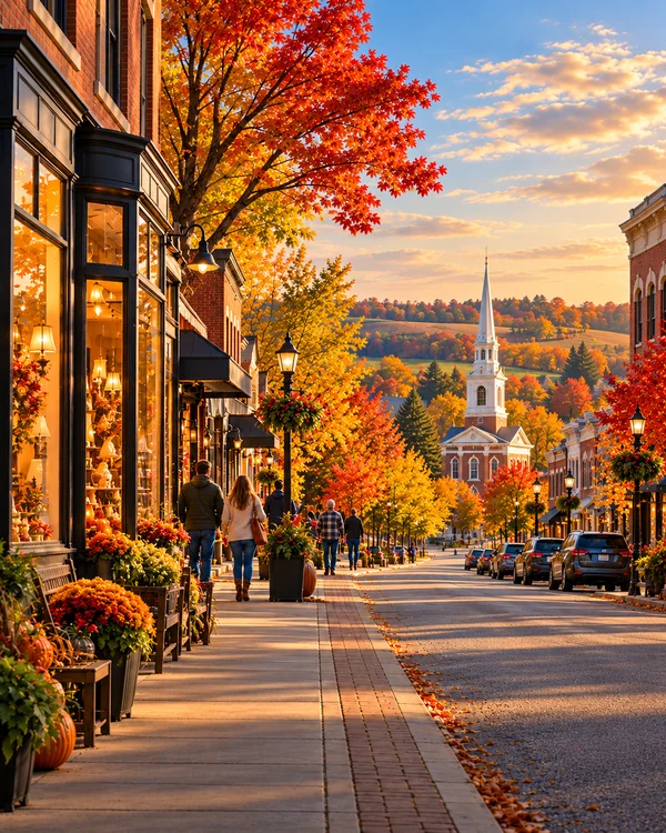 Illustration of a fictional Massachusetts main street with local shops in golden evening light