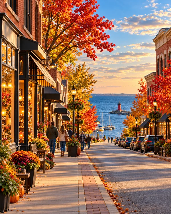 Illustration of a fictional Michigan downtown street leading to a Great Lakes lighthouse, with local shops and autumn trees