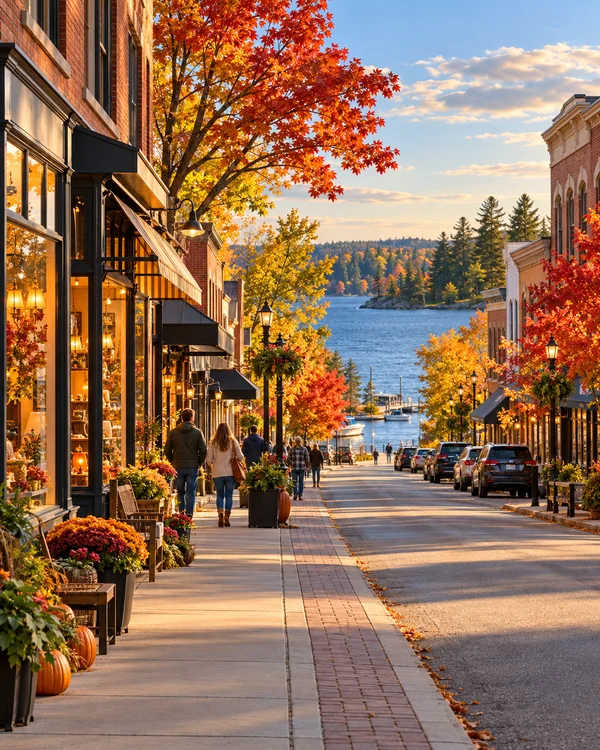 Illustration of a fictional Minnesota lakeside main street with local shops and autumn trees