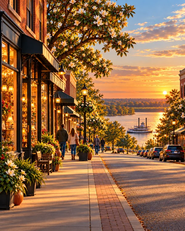 Illustration of a fictional Mississippi main street with local shops in golden evening light