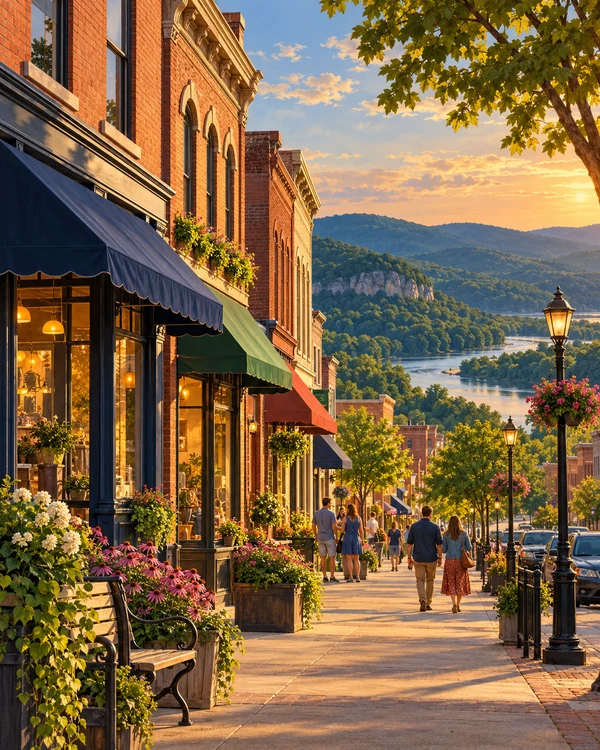 Illustrative Missouri community main street with Ozark hills and a river beyond