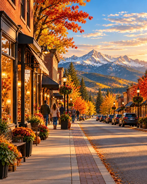 Illustration of a fictional Montana main street with local shops in golden evening light