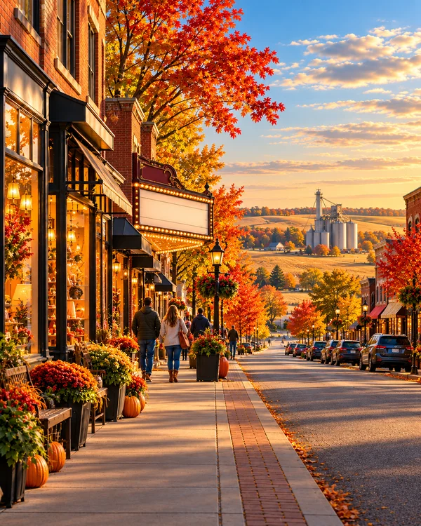 Illustration of a fictional Nebraska main street with local shops in golden evening light