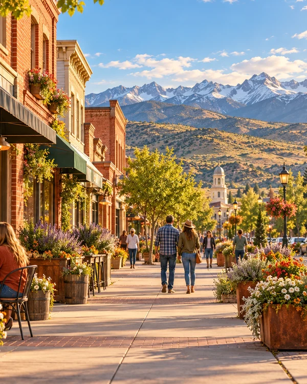 Illustration of a fictional Nevada main street with local shops and distant Sierra mountains