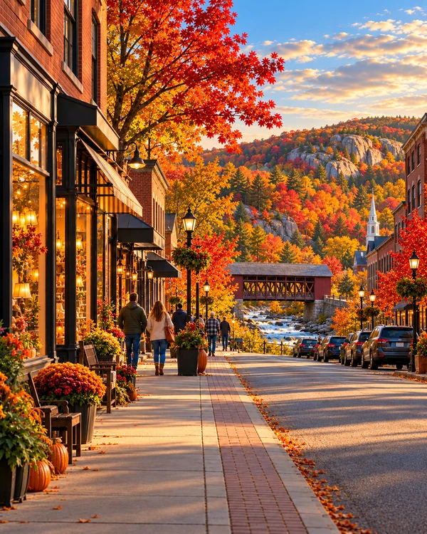 Illustration of a fictional New Hampshire main street with local shops in golden evening light