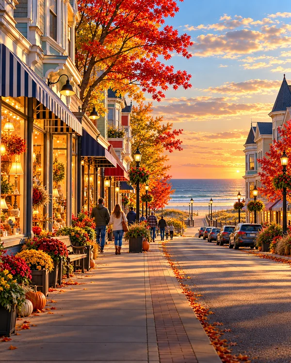 Illustration of a fictional New Jersey main street with local shops in golden evening light