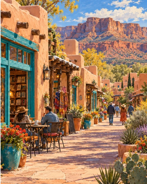 Illustrative New Mexico main street with adobe storefronts, turquoise details and desert mesas