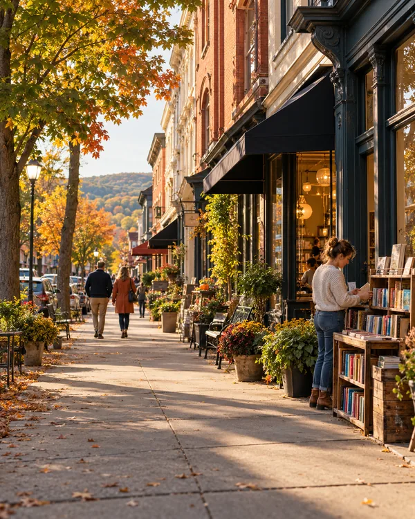Illustrative autumn Hudson Valley street with historic storefronts, neighbors and a sidewalk book display