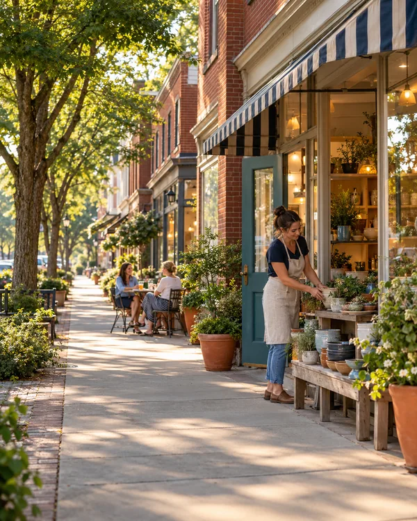 Illustrative leafy North Carolina Piedmont street with brick storefronts, neighbors and local pottery displays