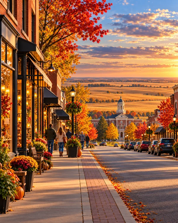 Illustration of a fictional North Dakota main street with local shops in golden evening light
