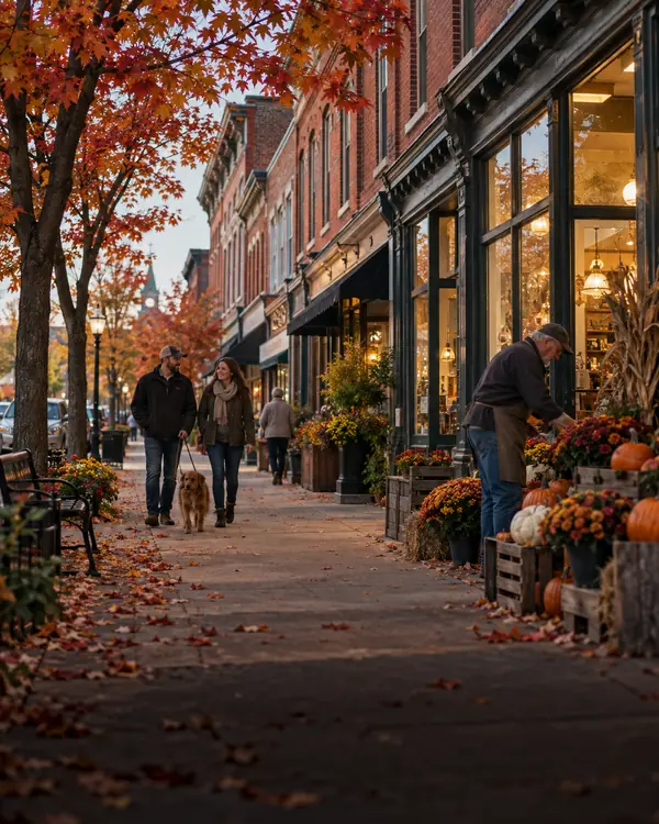 A red-brick Ohio main street in autumn with a merchant setting out pumpkins