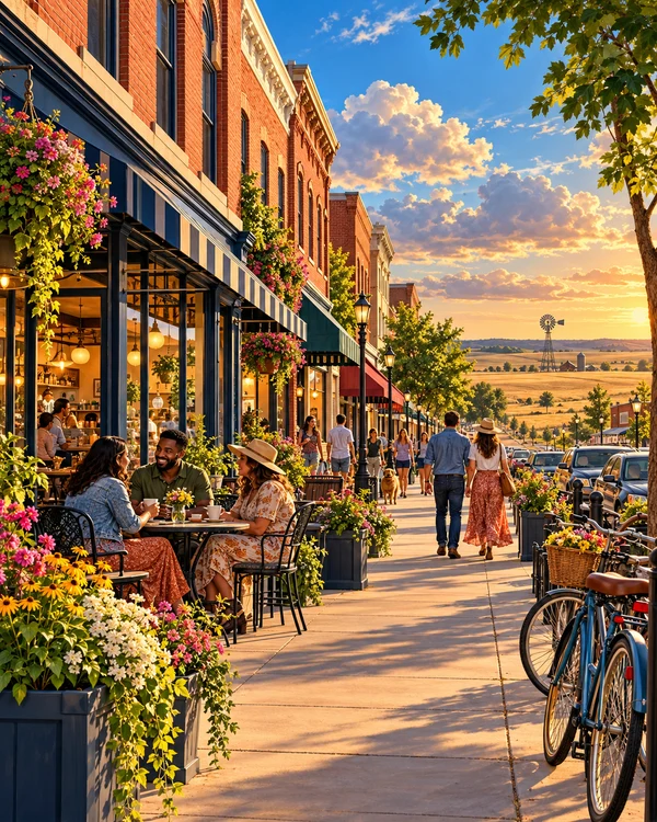 Illustrative Oklahoma community main street with local shops and golden prairie