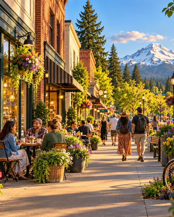 Illustration of a fictional Oregon main street with local shops, evergreen trees and a Cascade mountain
