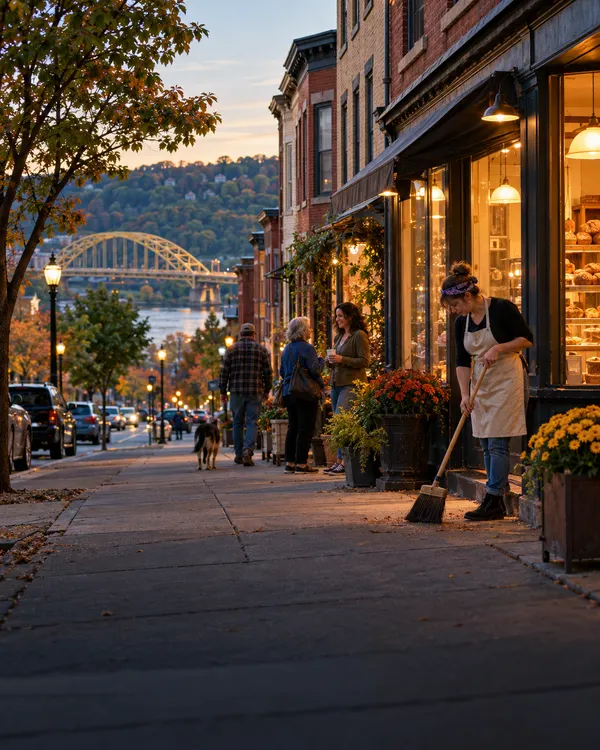 A Pittsburgh neighborhood main street in early autumn with a yellow bridge over the river beyond