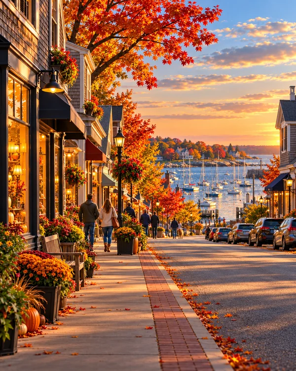 Illustration of a fictional Rhode Island main street with local shops in golden evening light