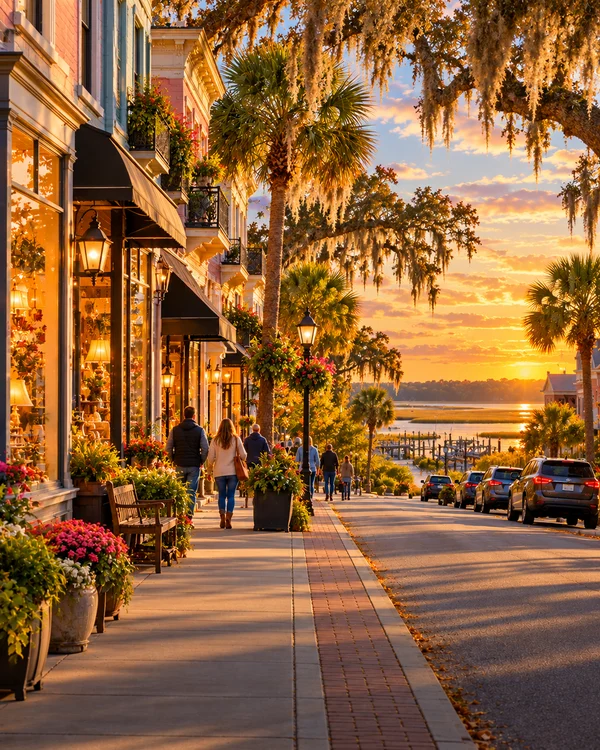 Illustration of a fictional South Carolina main street with local shops in golden evening light