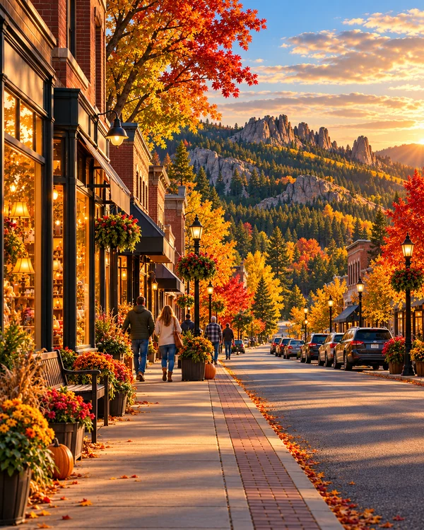 Illustration of a fictional South Dakota main street with local shops in golden evening light