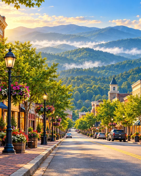Illustration of a fictional Tennessee main street with local shops and mountain ridges