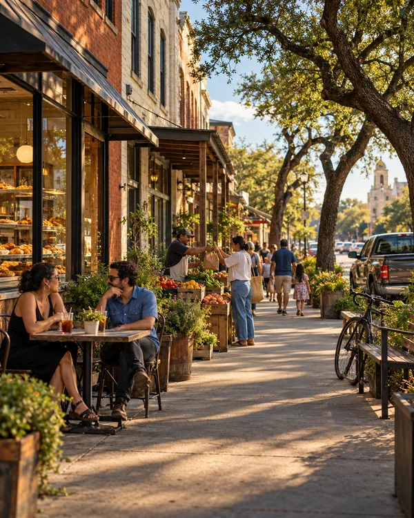 A live oak-shaded Texas main street at golden hour, with neighbors at a sidewalk table outside a bakery and a produce stand