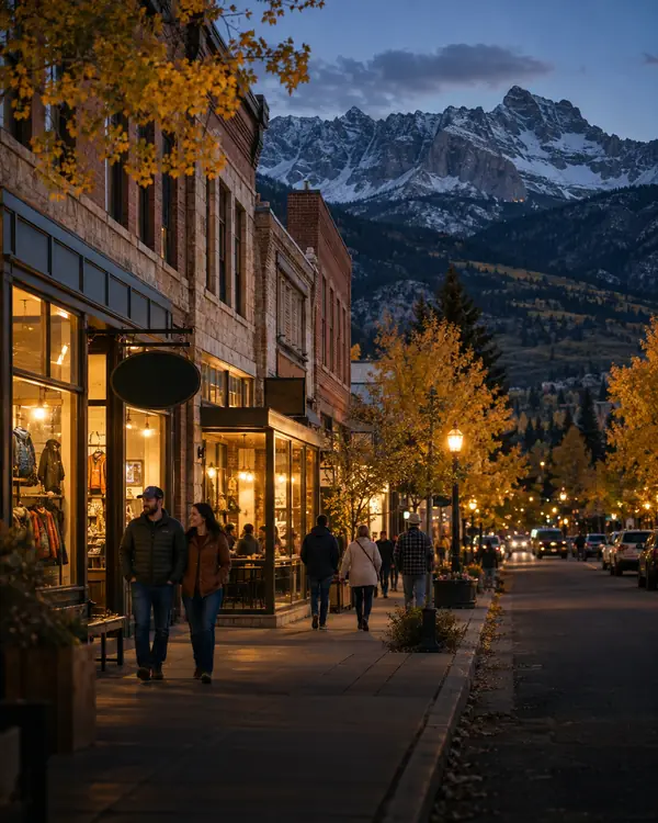 A Utah mountain-town main street at dusk beneath snow-dusted peaks