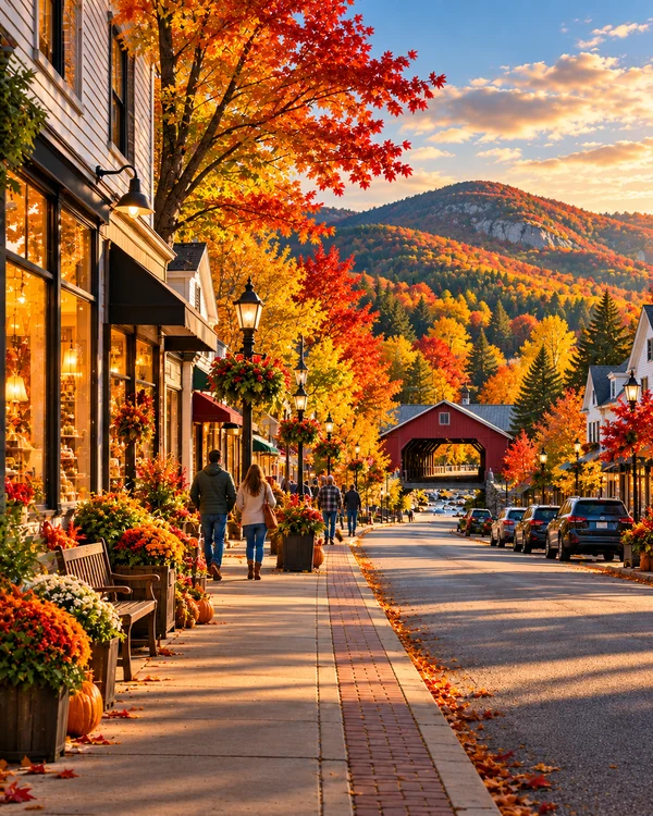 Illustration of a fictional Vermont main street with local shops in golden evening light