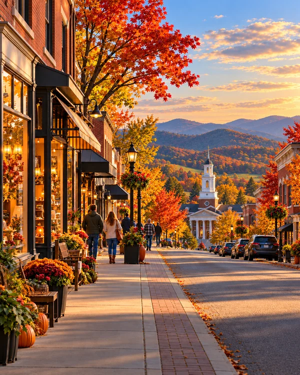 Illustration of a fictional Virginia main street with local shops in golden evening light