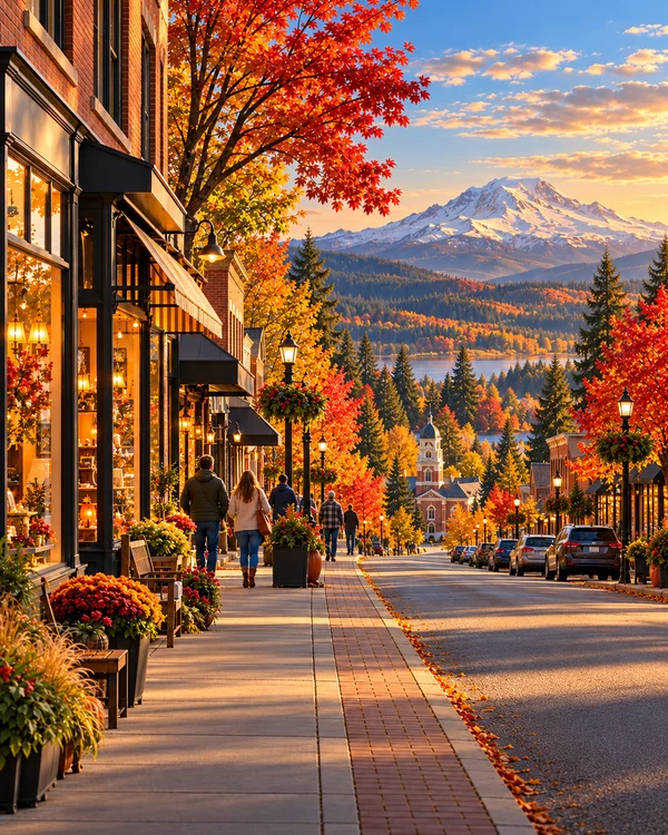 Illustration of a fictional Washington main street with local shops in golden evening light