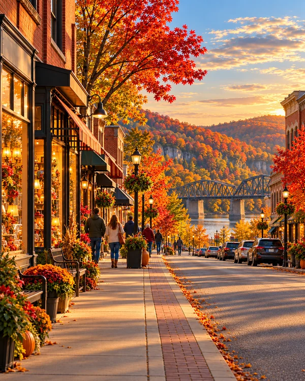 Illustration of a fictional West Virginia main street with local shops in golden evening light
